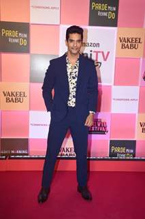 Angad Bedi made a fashion statement in a midnight blue blazer and trousers paired with a printed shirt