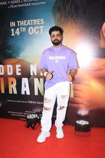 Harrdy Sandhu snapped at the trailer launch of his upcoming film Code Name: Tiranga in a lavender t-shirt and white ripped denims