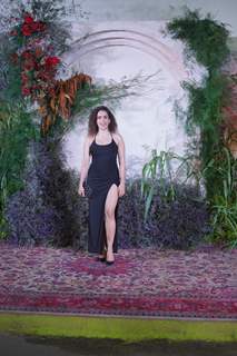 Sanya Malhotra looked sexy in a black, thigh high slit gown at Richa and Ali's wedding reception