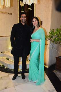 Vicky Kaushal opted for a black sherwani and Katrina Kaif wore an aqua green saree to Manish Malhotra's Diwali Party