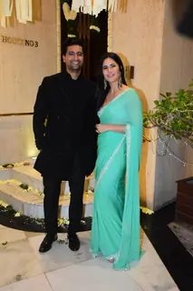 Vicky Kaushal opted for a black sherwani and Katrina Kaif wore an aqua green saree to Manish Malhotra's Diwali Party