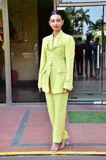 Radhika Apte spotted for the promotions of Monica O My Darling in a neon power suit