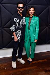 Rajkummar Rao looks super cool in a graphic print black shirt while Radhika Apte gives boss babe vibes in a latex green pant suit during the  promotions of their upcoming film Monica O My Darling