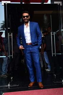Ajay Devgn looked dapper in a striped blue blazer suit and white shirt