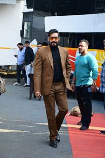 Ajay Devgn looked stylish in a brown blazer suit and black turtle neck t-shirt as he was spotted on the sets of The Kapil Sharma Show