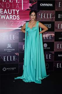 Hina Khan looked beautiful in an aqua green gown at the Elle Beauty Awards