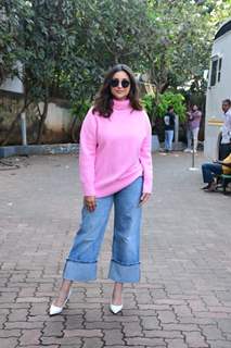 Parineeti Chopra kept it stylish in a pink turtle neck top and wide legged denims as she was spotted in the city
