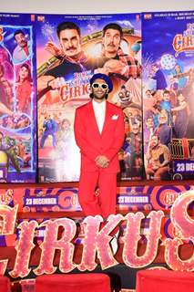 Ranveer Singh clicked in a red pant suit at the trailer launch of Cirkus
