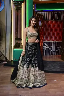 Pooja Hegde clicked in a black and gold lehenga during the promotions of Cirkus