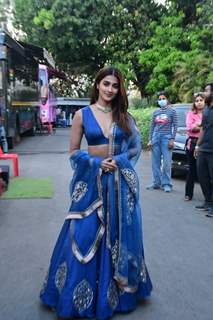 Pooja Hegde spotted during the promotions of Cirkus in a royal blue lehenga