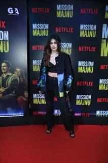 Rhea Chakraborty wore a printed denim jacket, black bralette and black trousers at the screening of Mission Majnu