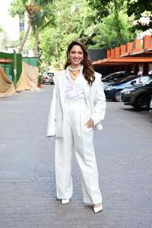 Tamannaah Bhatia snapped promoting Jee Karda in the city she aced the formal aesthetic in a pantsuit, with peal necklace 