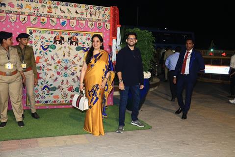 Aditya Thackeray and Rashmi Thackeray snapped at the Jamnagar airport