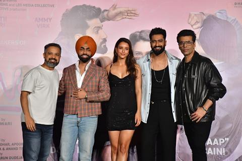 Karan Johar, Anand Tiwari, Vicky Kaushal, Triptii Dimri and Ammy Virk attend the trailer launch of their upcoming movie Bad Newz