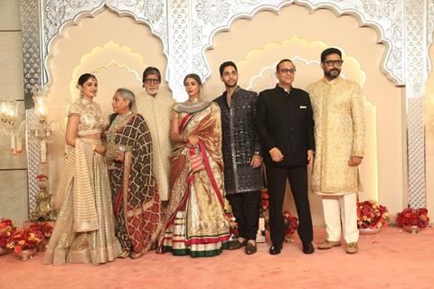Abhishek Bachchan, Amitabh Bachchan, Jaya Bachchan, Navya Naveli Nanda and Agastya Nanda at Anant Ambani and Radhika Merchant's Wedding Ceremony