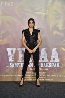 Sharvari Wagh snapped at the trailer launch of their upcoming film Vedaa