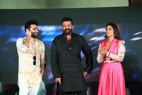 Sanjay Dutt, Kavya Thapar and Ram Pothineni snapped at Their song launch of ‘Big Bull’ at Double ISMART in Mumbai.