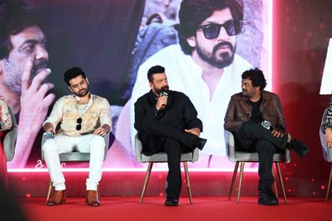 Sanjay Dutt, Puri Jagannadh and Ram Pothineni snapped at Their song launch of ‘Big Bull’ at Double ISMART in Mumbai.