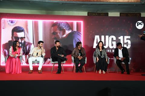 Sanjay Dutt, Charmy Kaur, Puri Jagannadh, Kavya Thapar and Ram Pothineni snapped at Their song launch of ‘Big Bull’ at Double ISMART in Mumbai.