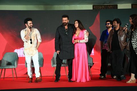 Sanjay Dutt, Kavya Thapar and Ram Pothineni snapped at Their song launch of ‘Big Bull’ at Double ISMART in Mumbai.