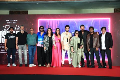 Sanjay Dutt, Charmy Kaur, Puri Jagannadh, Kavya Thapar and Ram Pothineni snapped at Their song launch of ‘Big Bull’ at Double ISMART in Mumbai.