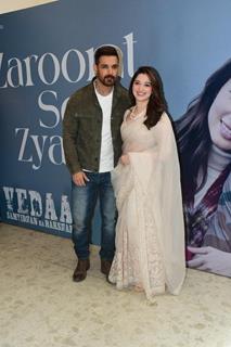 John Abraham and Tamannaah Bhatia snapped at the launch of the new song, 'Zaroorat se zyada' from Vedaa