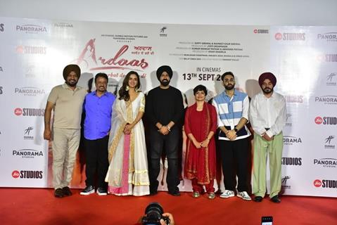 Gurpreet Guggi, Kanwaljeet Singh, Jasmin Bhasin and Gippy Grewal snapped at the trailer launch of their upcoming movie Ardaas Sarbat De Bhale Di