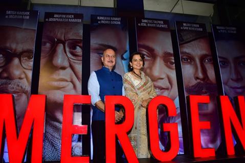 Anupam Kher and Kangana Ranaut snapped at the trailer launch of their upcoming film Emergency