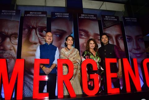 Shreyas Talpade, Anupam Kher, Mahima Chaudhry and Kangana Ranaut snapped at the trailer launch of their upcoming film Emergency