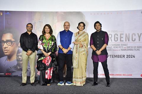 Shreyas Talpade, Anupam Kher, Mahima Chaudhry and Kangana Ranaut snapped at the trailer launch of their upcoming film Emergency