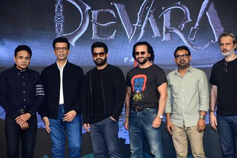 Saif Ali Khan, Jr. NTR, Karan Johar, Janhvi Kapoor and Koratala Siva  snapped at the trailer launch of their upcoming movie Devara: Part 1