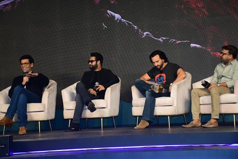 Saif Ali Khan, Jr. NTR and Karan Johar  snapped at the trailer launch of their upcoming movie Devara: Part 1