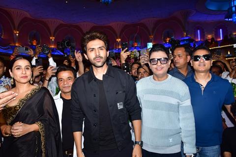 Vidya Balan, Bhushan Kumar, Anees Bazmee and Kartik Aaryan snapped at the trailer launch of ‘Bhool Bhulaiyaa 3’ at Raj Mandir in Jaipur