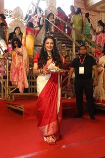 Rupali Ganguly snapped during Sindhur Khela at North Bombay Durga Puja