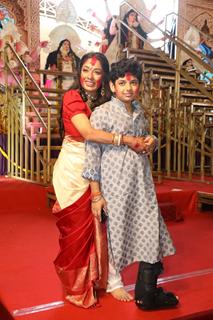 Rupali Ganguly snapped during Sindhur Khela at North Bombay Durga Puja