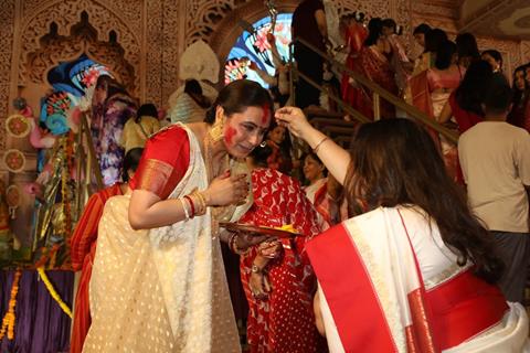 Rani Mukerji snapped during Sindhur Khela at North Bombay Durga Puja