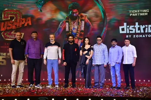 Allu Arjun, Bhushan Kumar and Rashmika Mandanna attend the press conference of 'Pushpa 2: The Rule'