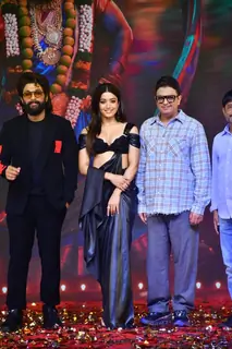 Allu Arjun, Bhushan Kumar and Rashmika Mandanna attend the press conference of 'Pushpa 2: The Rule'