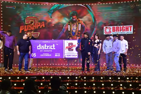 Allu Arjun, Bhushan Kumar and Rashmika Mandanna attend the press conference of 'Pushpa 2: The Rule'