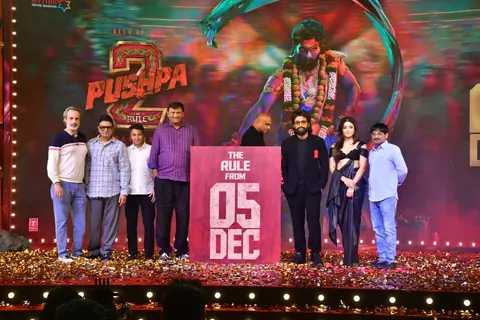 Allu Arjun, Bhushan Kumar and Rashmika Mandanna attend the press conference of 'Pushpa 2: The Rule'