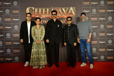 A.R. Rahman, Dinesh Vijan, Laxman Utekar, Vicky Kaushal and Rashmika Mandanna snapped at Chhaava Album Launch