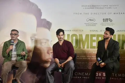 Ishaan Khatter, Vishal Jethwa and Neeraj Ghaywan snapped at the Homebound press conference