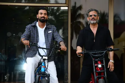 Suniel Shetty and KL Rahul spotted for a press conference