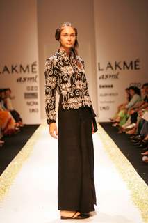 Sonam Dubal presents a global fashion travelogue on the ramp at Lakme Fashion Week in Mumbai on March 27