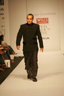 Bollywood actor Akshaye Khanna on the ramp displaying the collection of Manav Gangwani at Lakme Fashion Week in Mumbai