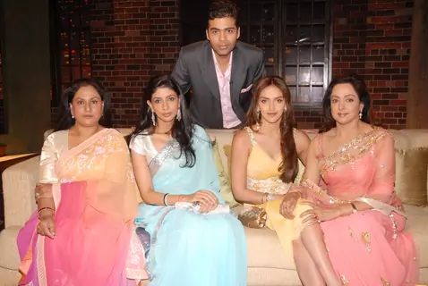 Jaya Bachchan, Hema Malini, Shweta Nanda and Esha Deol with Karan Johar on the sets of KOFFEE WITH KARAN