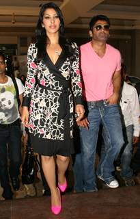 Bollywood actor Suniel Shetty and Sophie Chaudhry at a press meet for her film '''' Daddy Cool'''', in New Delhi on Tuesday