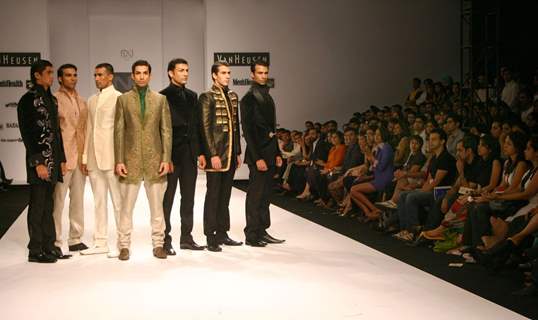 Models on the ramp during the Narendra Kumar show at the &quot;India Mens Week&quot;