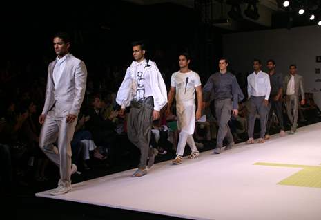 Models presenting creations of Designer Gaurav Gupta at the Van Heusen &quot;India Mens Week&quot; in New Delhi on Sunday