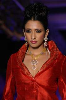 A model showcasing H G Jewelers gold jewelry collection made with enlightened swarovski elements at a fashion show, in New Delhi on Sunday